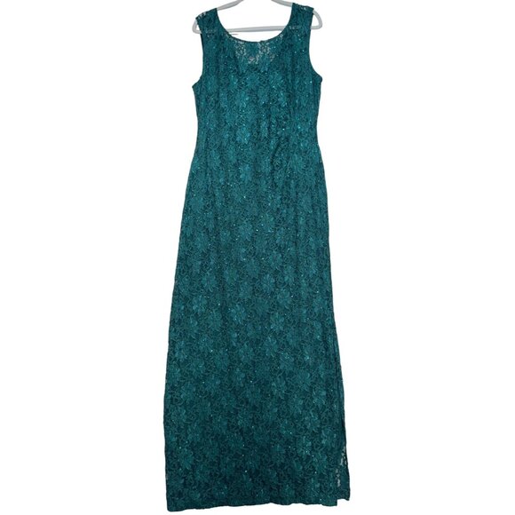 Connected Apparel Womens Floral Lace Sequin Slit Maxi Dress Size 16 Hunter Green - Picture 1 of 13
